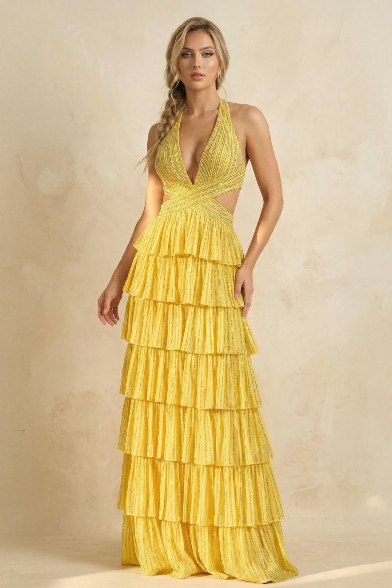 Yellow - A-Line Halter Satin Beaded Long Prom Dresses With Ruffles