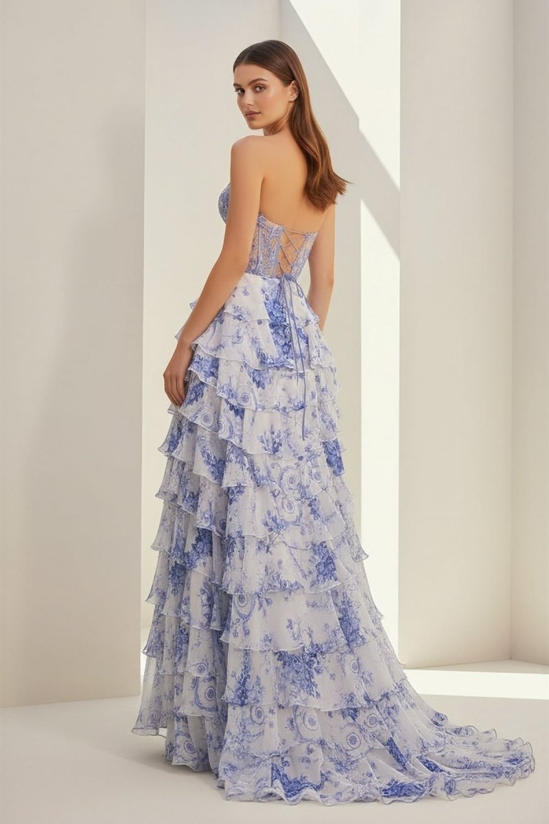 Blue Sweetheart A Line Floral Chiffon Ruffled Formal Prom Dresses With Appliques