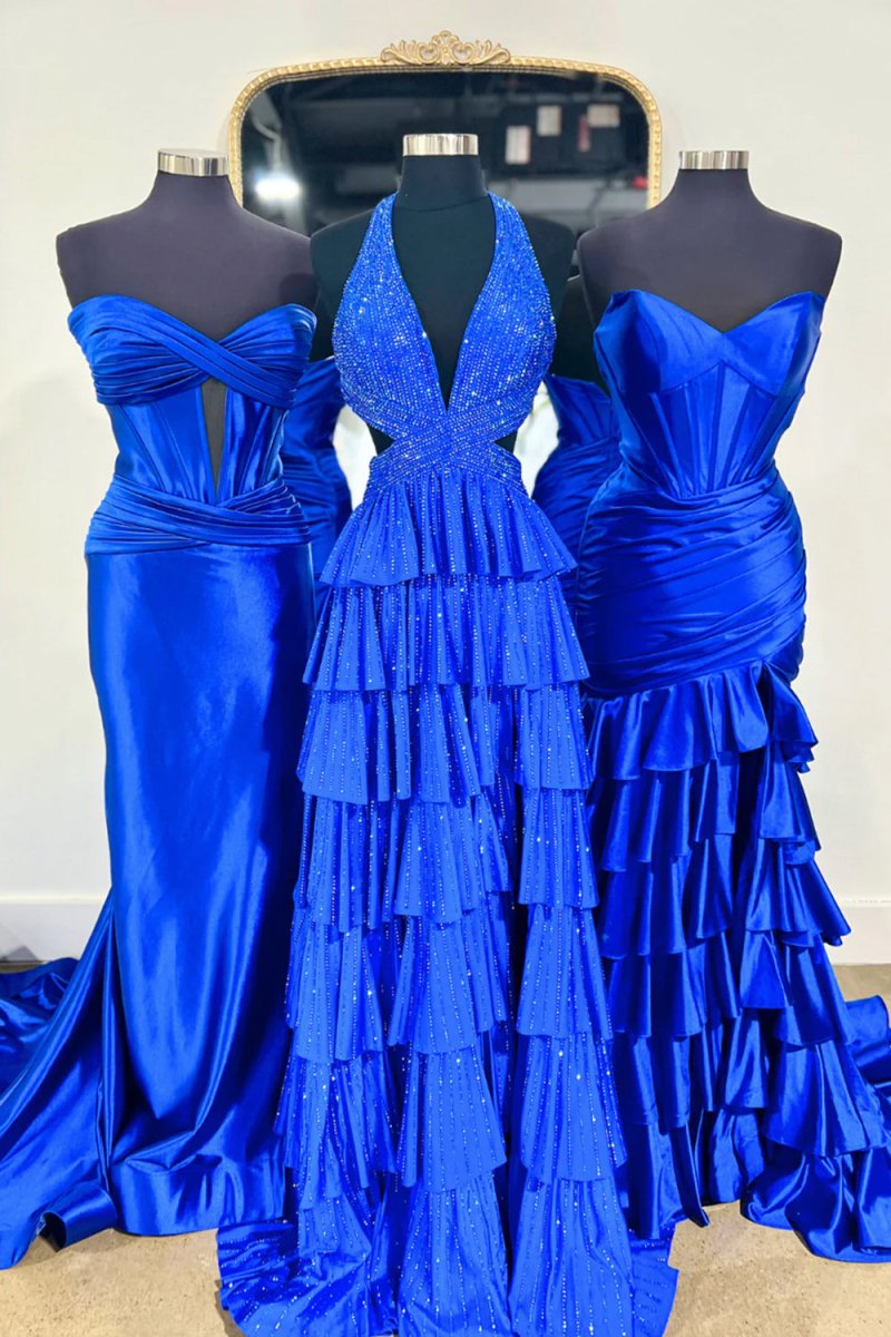 Royal Blue - A-Line Halter Satin Beaded Long Prom Dresses With Ruffles