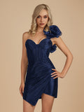 Navy Blue – One Shoulder Bodycon Beaded Homecoming Dress With Flower