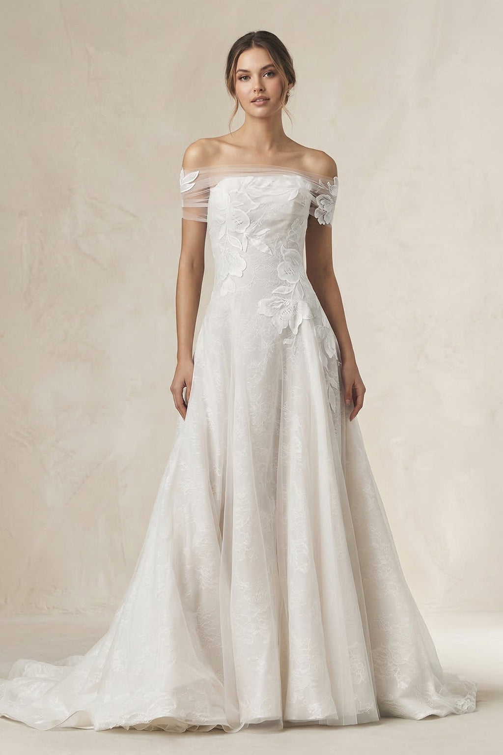 Off-the-Shoulder Appliqued A-Line Wedding Dress in White