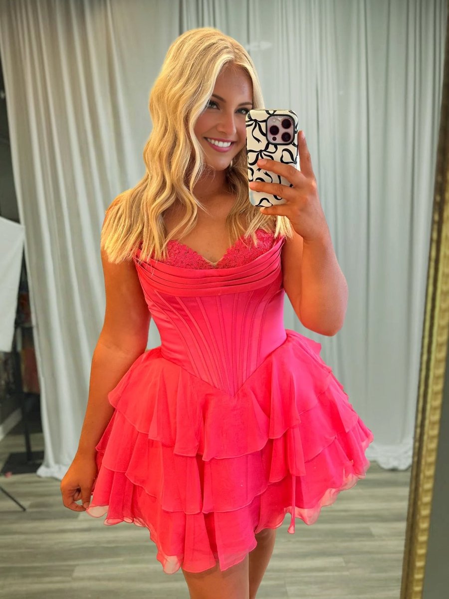 Coral - A-Line Sweetheart Corset Ruffle Homecoming & Cocktail Dresses With Applique