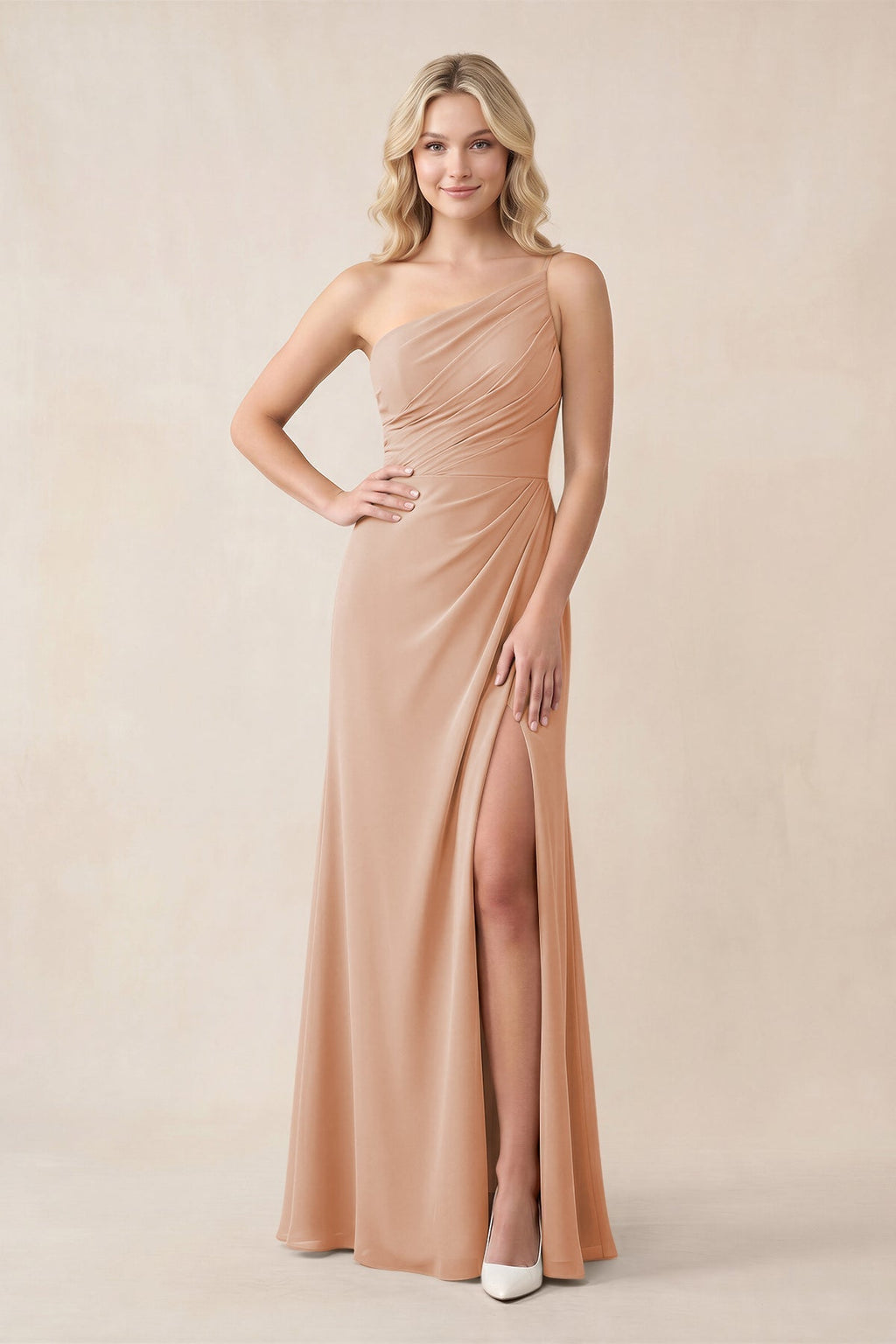 One-Shoulder Sheath Chiffon Ruched Bridesmaid Dress in Champagne Rose