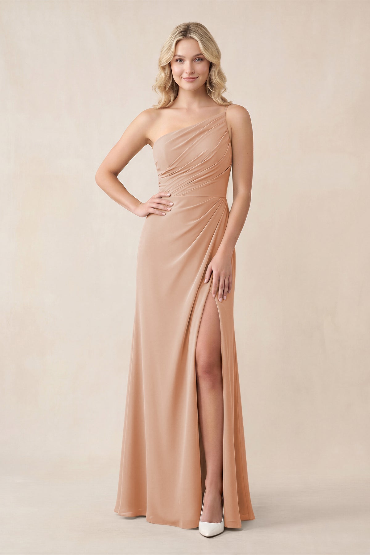 One-Shoulder Sheath Chiffon Ruched Bridesmaid Dress in Champagne Rose