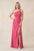One-Shoulder Sheath Chiffon Ruched Bridesmaid Dress in Fuchsia