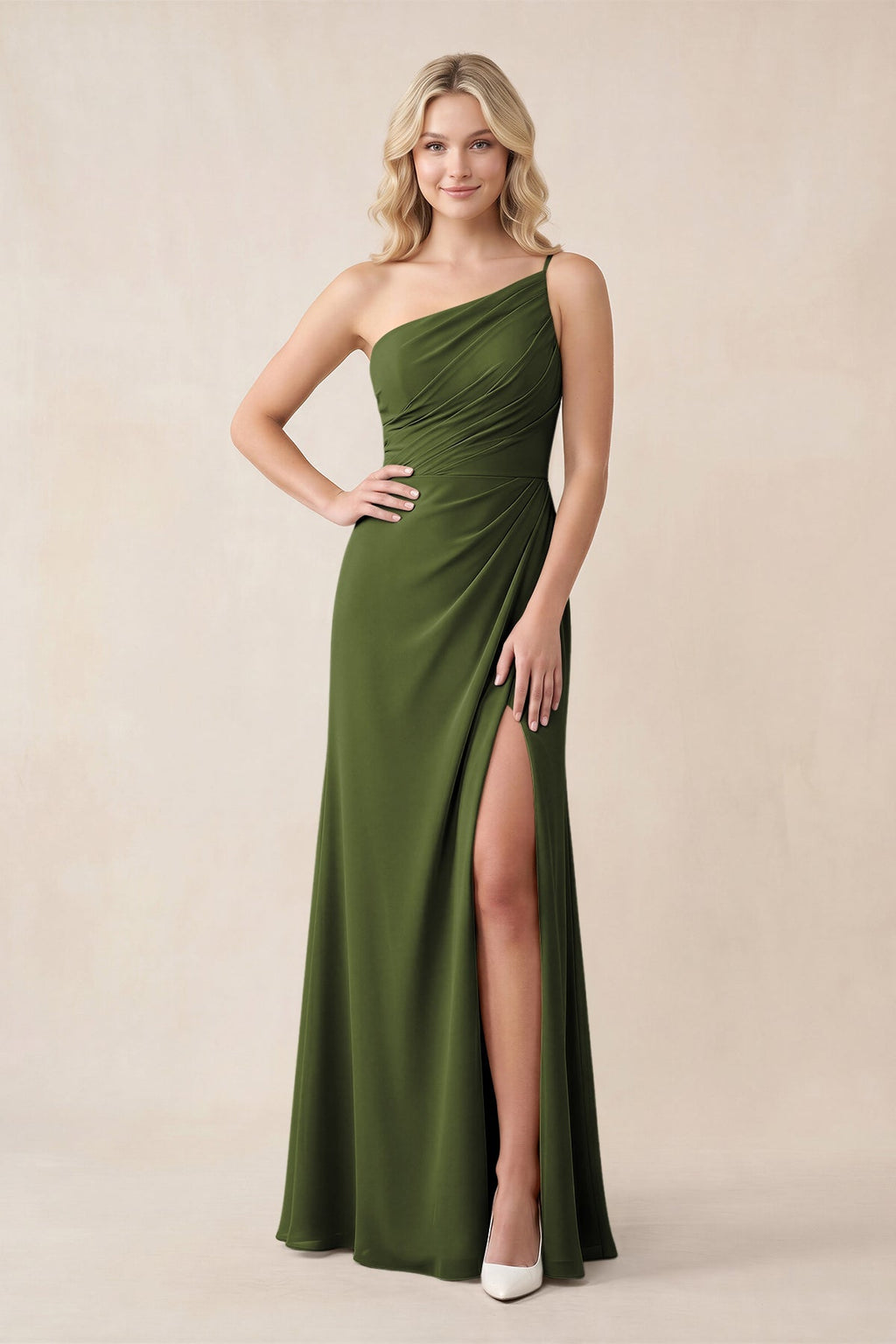 One-Shoulder Sheath Chiffon Ruched Bridesmaid Dress in Olive