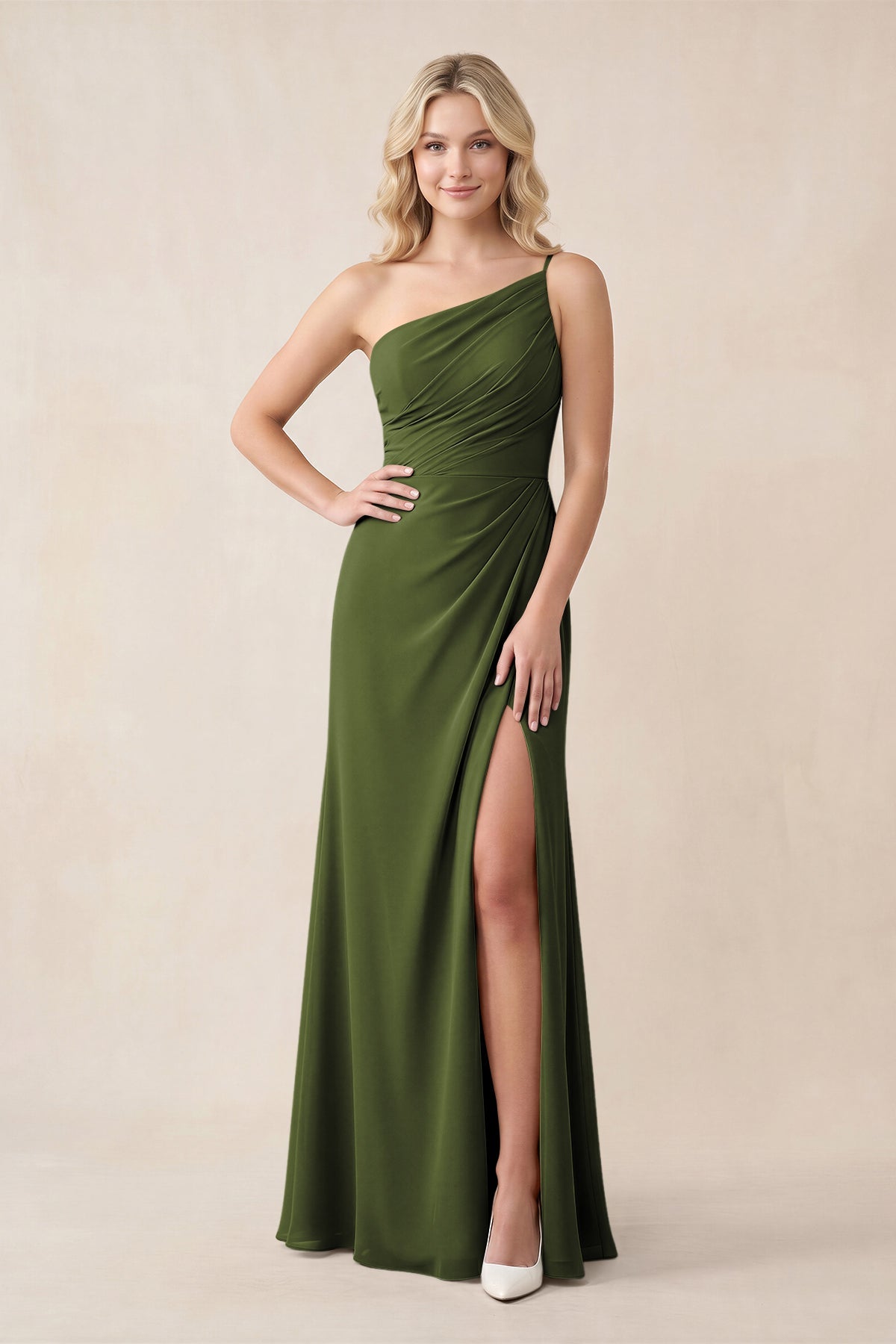 One-Shoulder Sheath Chiffon Ruched Bridesmaid Dress in Olive
