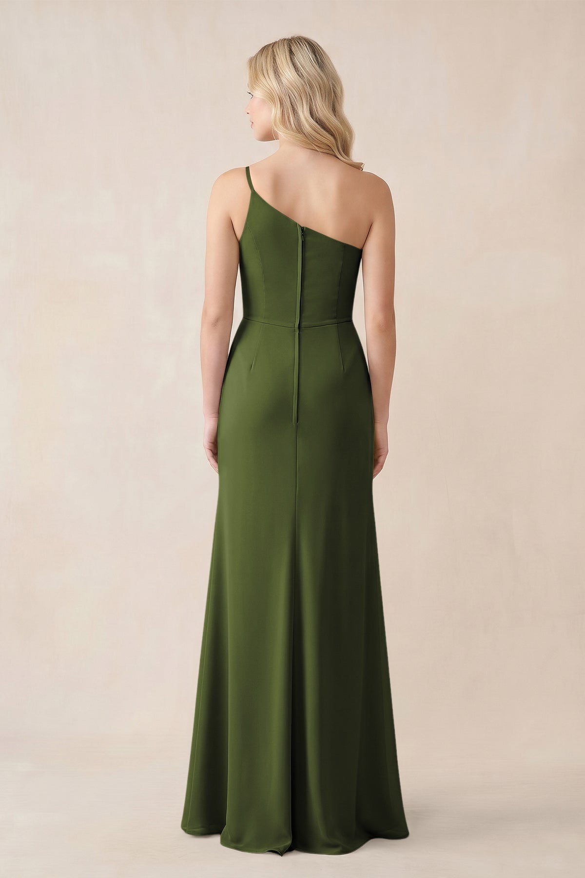 One-Shoulder Sheath Chiffon Ruched Bridesmaid Dress in Olive