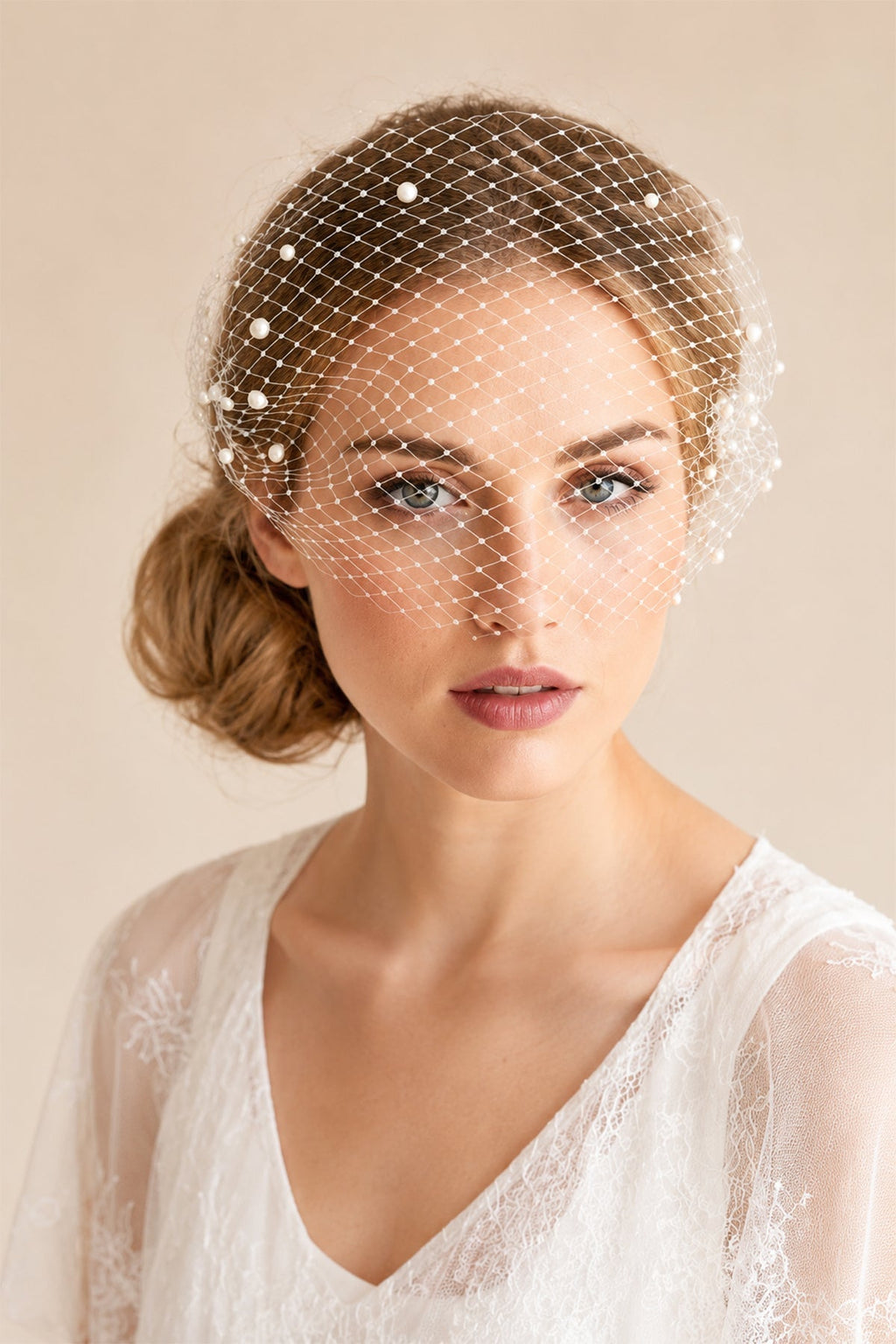 Pearls Vintage Mesh Birdcage Wedding Veils in Ivory