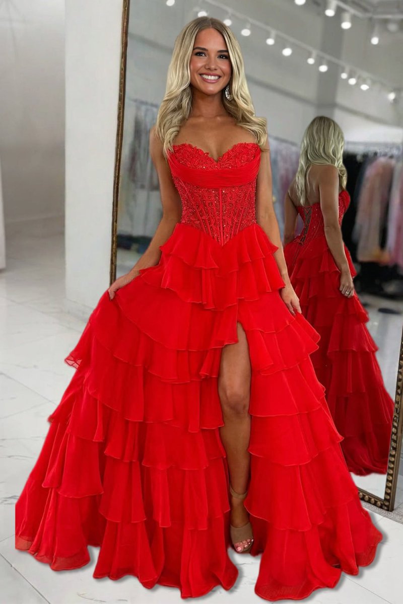 Red - Sweetheart A Line Chiffon Ruffled Prom Dresses With Appliques