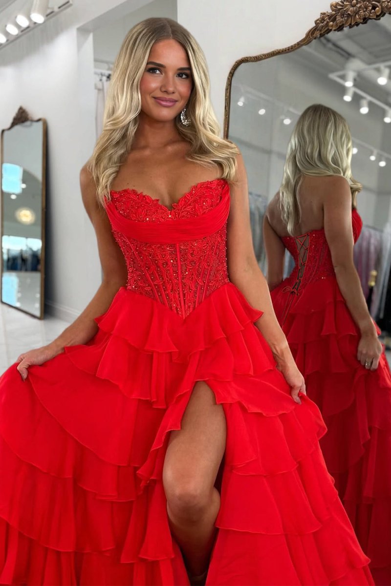 Red - Sweetheart A Line Chiffon Ruffled Prom Dresses With Appliques