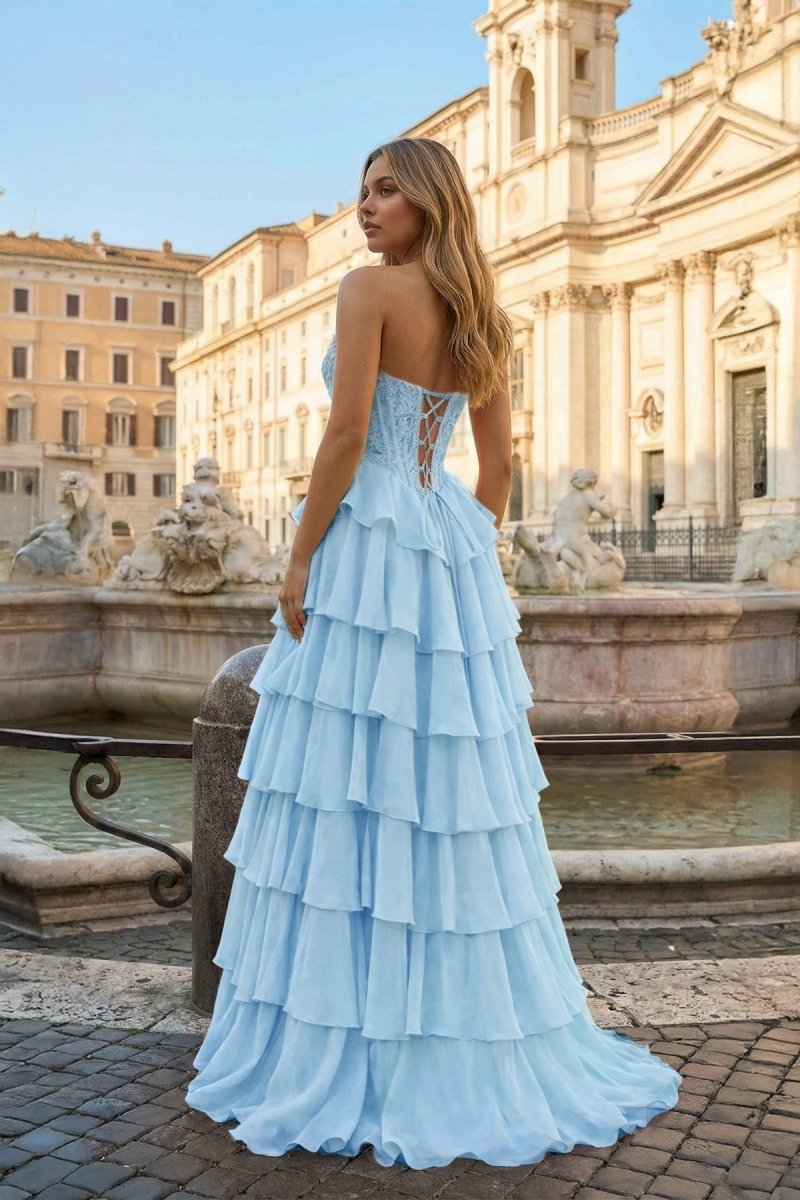 Sky Blue - Sweetheart A Line Chiffon Ruffled Prom Dresses With Appliques