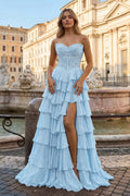 Sky Blue - Sweetheart A Line Chiffon Ruffled Prom Dresses With Appliques