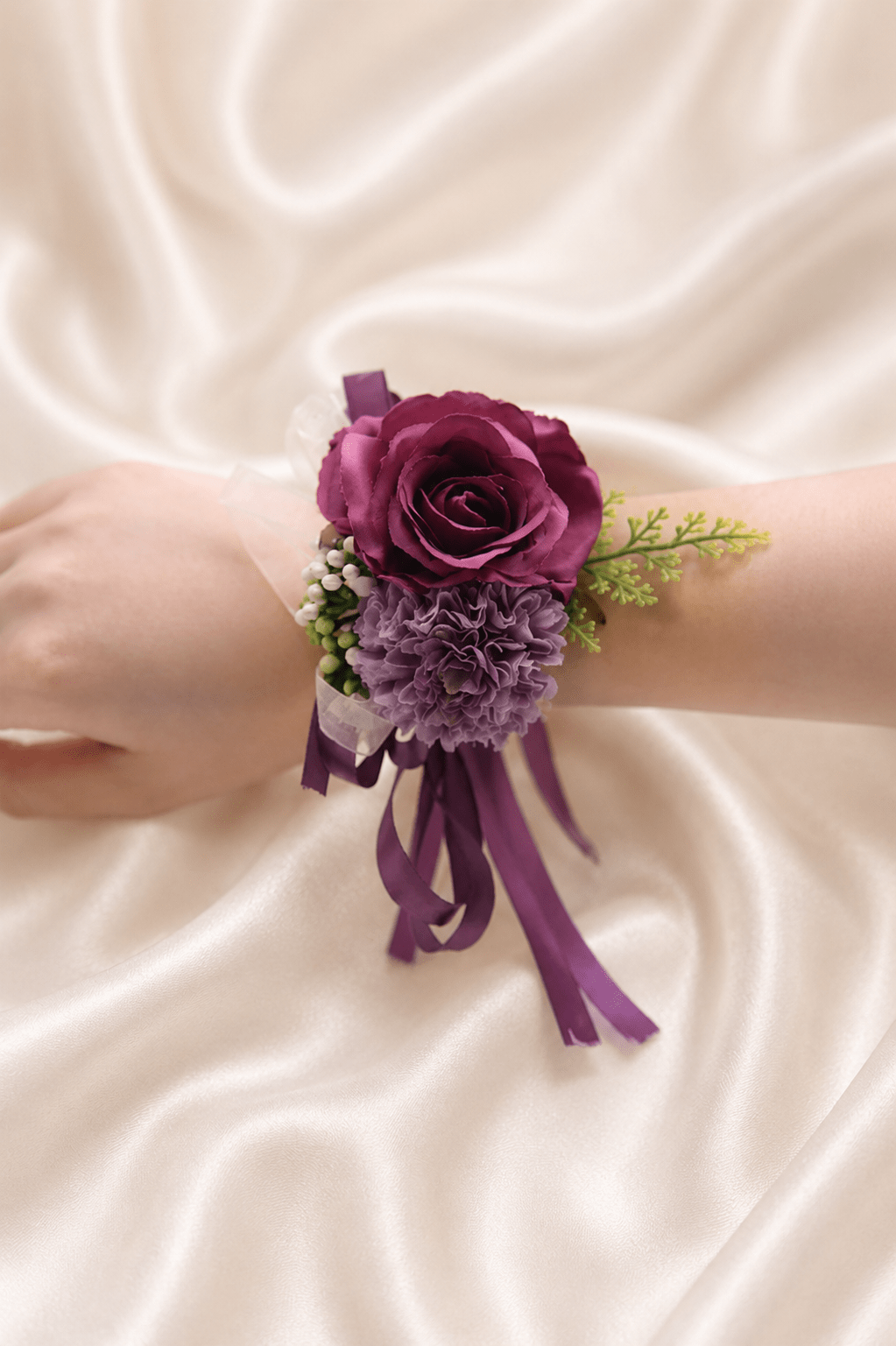 Silk Roses Artificial Bridesmaid Wrist Corsage in Purple