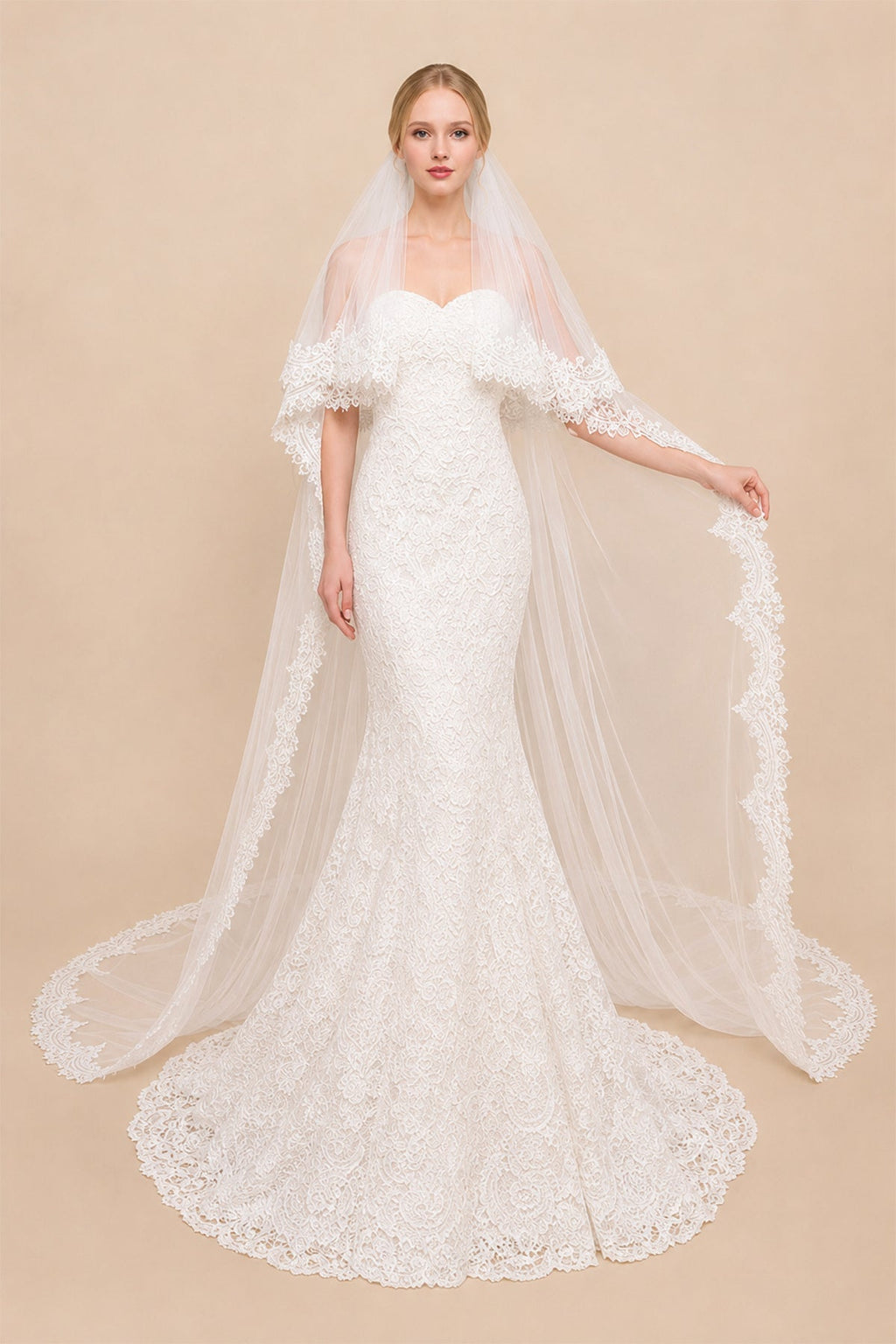 Two Tiers Lace Cathedral Wedding Veils in White