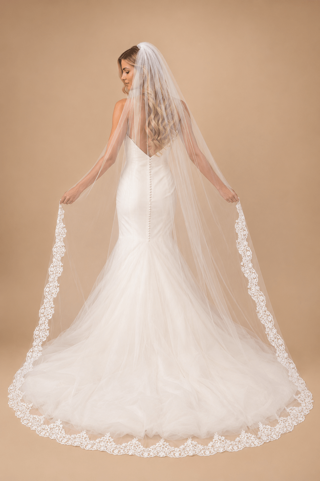 Vintage Lace Appliques Long Chapel Veils in Ivory