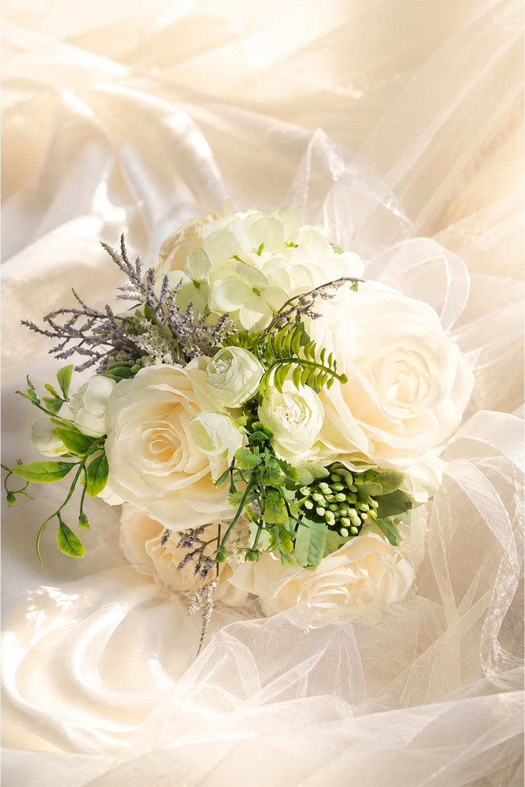 White Silk Rose Peony Cascade Wedding Bouquet Flowers