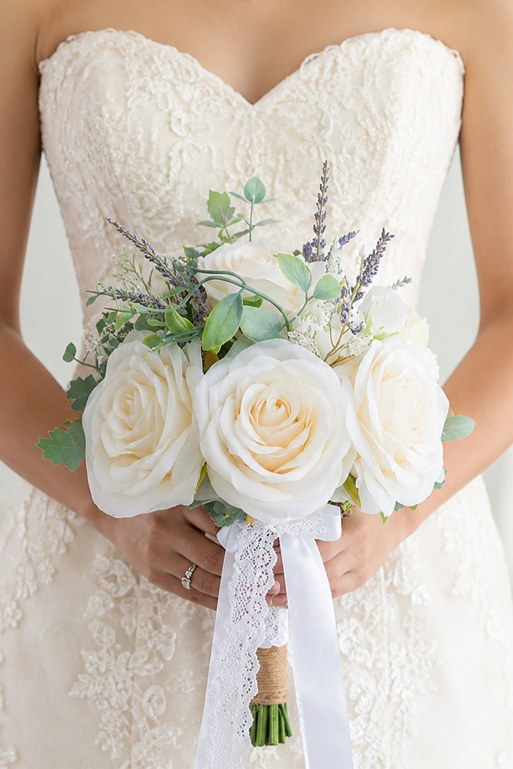 White Silk Rose Peony Cascade Wedding Bouquet Flowers